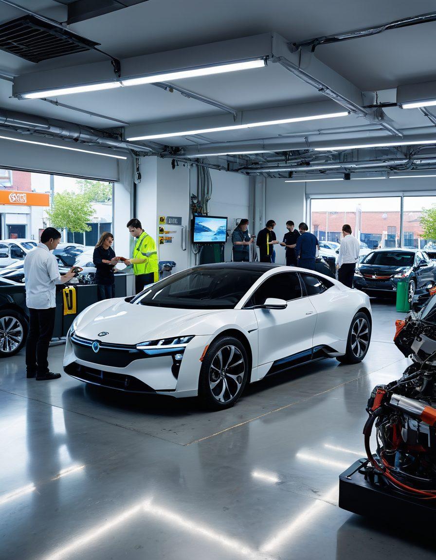 A futuristic auto repair shop with advanced robotic tools examining a sleek electric car, surrounded by diverse students in uniforms, engaged in hands-on learning about safety features. Outside, a cityscape showcases eco-friendly vehicles and smart traffic signals, reflecting a bright, innovative future. super-realistic. vibrant colors. white background.