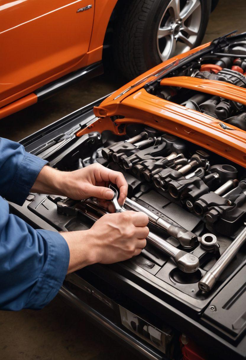 A confident vehicle owner skillfully working on a car in a well-organized garage filled with essential tools and spare parts. The scene captures a close-up of hands using a wrench, with an open car hood revealing a clean engine, while a knowledge-packed manual is visible on a workbench. A backdrop of neatly arranged tool racks and a bright, inviting atmosphere emphasize the theme of mastery and maintenance. super-realistic. vibrant colors. warm lighting.