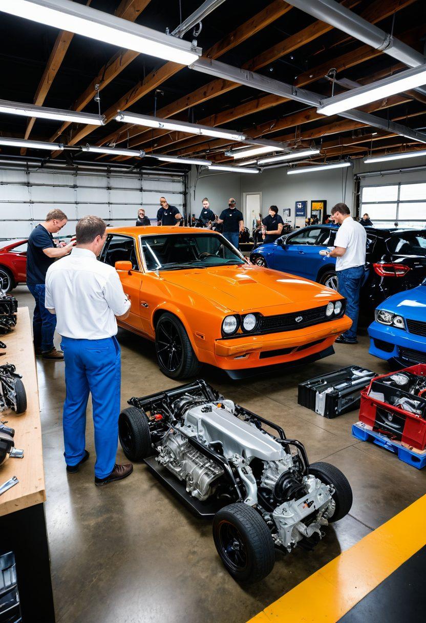 A dynamic scene showcasing a diverse group of car owners gathered around a sleek automobile, engaged in hands-on automotive education. Include tools, manuals, and a mechanic demonstrating techniques against a backdrop of an inviting garage filled with various car parts. The atmosphere should be lively and educational, emphasizing teamwork and learning. vibrant colors. super-realistic.